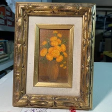 Vintage Gold Framed Flower Painting - Mini Yellow Flower Museum Style Art