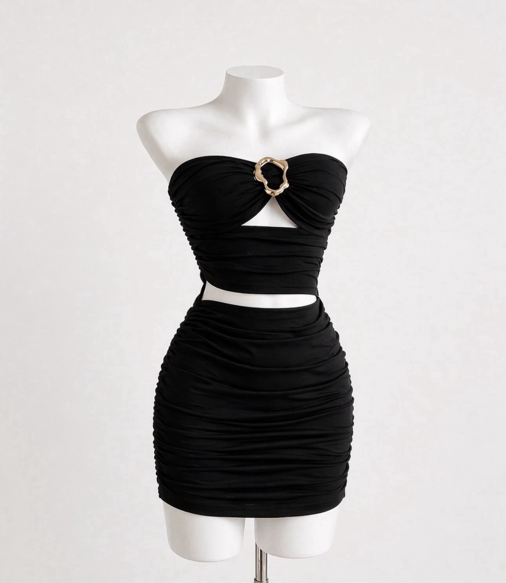 Black Strapless Bodycon Mini Dress Ruched Gold Buckle Cutout Size S | eBay