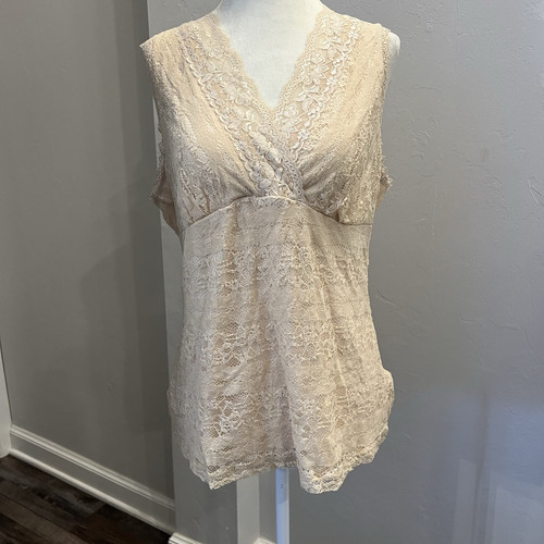 New York & Company Stretch Cream V Neck Lace Top Size XL (A0125)