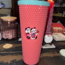 Disney Mickey And Minnie Cup 24 Oz W/ Black Straw Pink Cup Mint Green Lid New