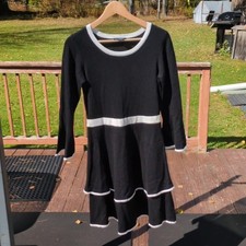 Liz Claiborne Sweater Dress Sz Med Black White Trim Classic Chic Layered Ruffle