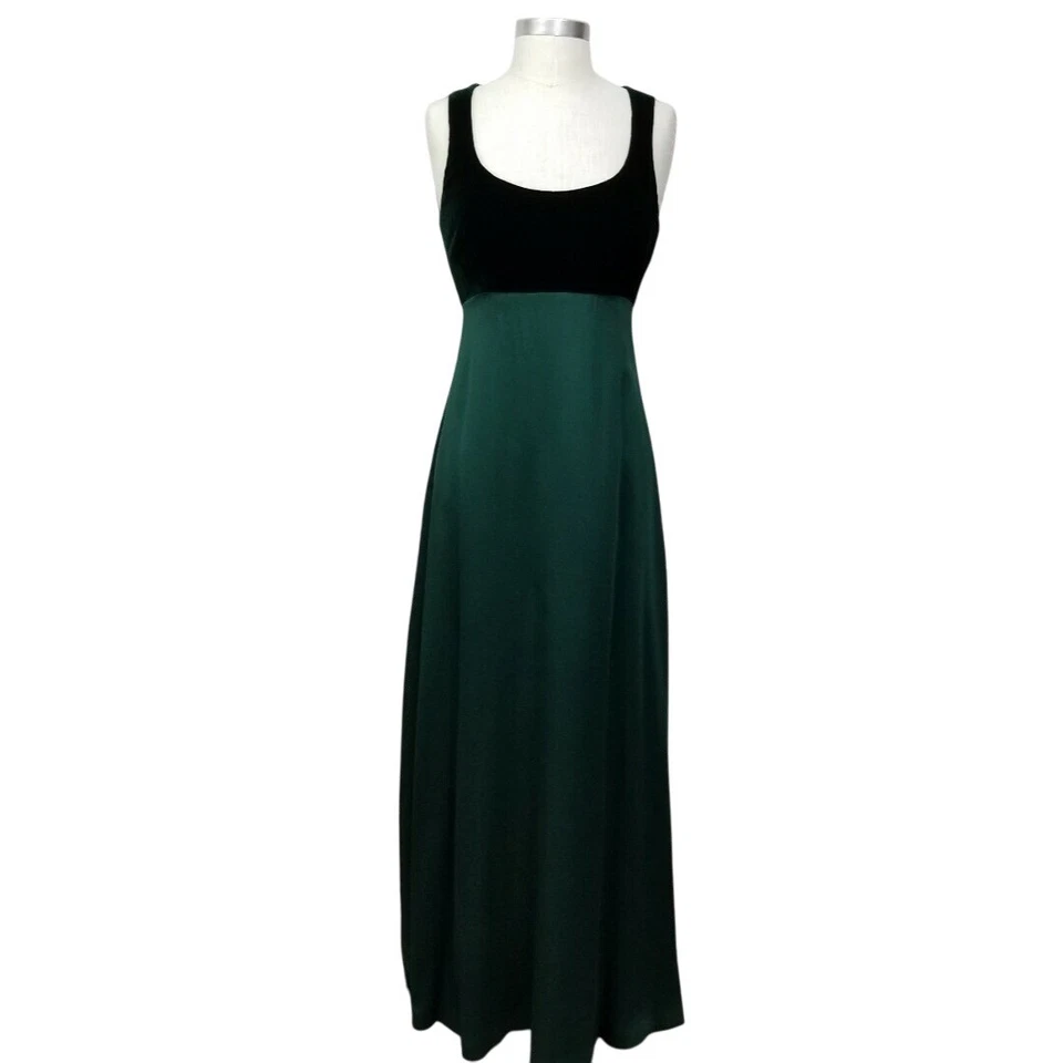 Vintage 90s Nicole Miller Green Velvet Satin Maxi Dress Made USA Evening Gown - Image 4 of 4
