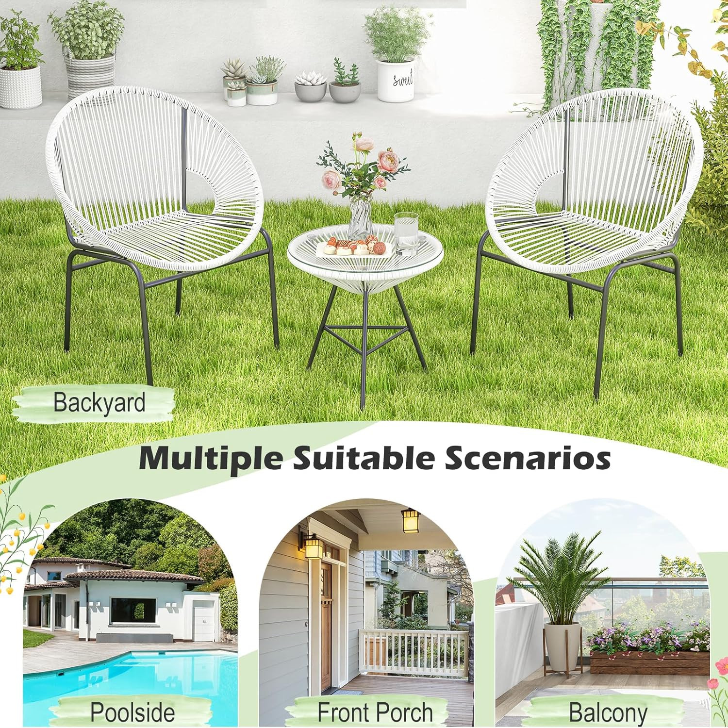 3-Piece Outdoor Acapulco Chair Set, Wicker Conversation Bistro Sets with Plastic