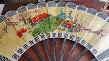 Asian Art Handmade Vintage Large Wall Fan Peacocks Bamboo Linen Art 58"w x 32"t