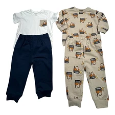 Petit Lem's Mini Threads 12M Outfit Set White Tee Blue Pants Excavator Pajamas