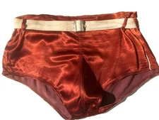 Rare 50s Mens Red Satin Swim Brief Belted Bathing Trunks Swimsuit sz M Vtg
