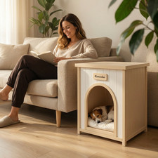 Indoor Wooden Dog House with Removable Cushion for Small Pets