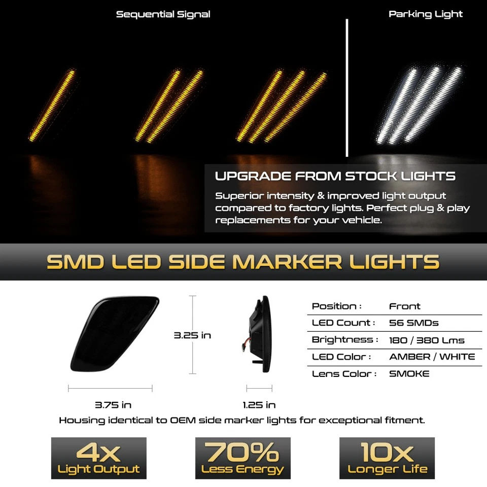 Switchback+Sequential 4PC Smoke LED Corner Side Maker Light For 97-06 Wrangler - Изображение 3 из 4