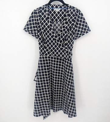 Boden Dress Women 4R Navy Blue Wrap Geometric Short Sleeve Stretch V Neck Office