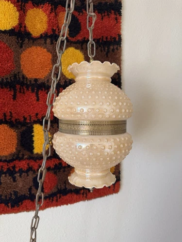 Vintage MCM Peach Milk Glass Hobnail Hanging Swag Lamp Light Chain