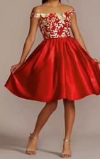 Women’s FIFTEEN ROSES Off-the-Shoulder Mini Patterned A-Line Size 8 Red And Gold