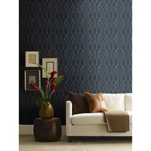 Tea Garden, Oriental Lattice Blue, Gold - Ronald Redding AF6561 Metallic Gold - Picture 2 of 5