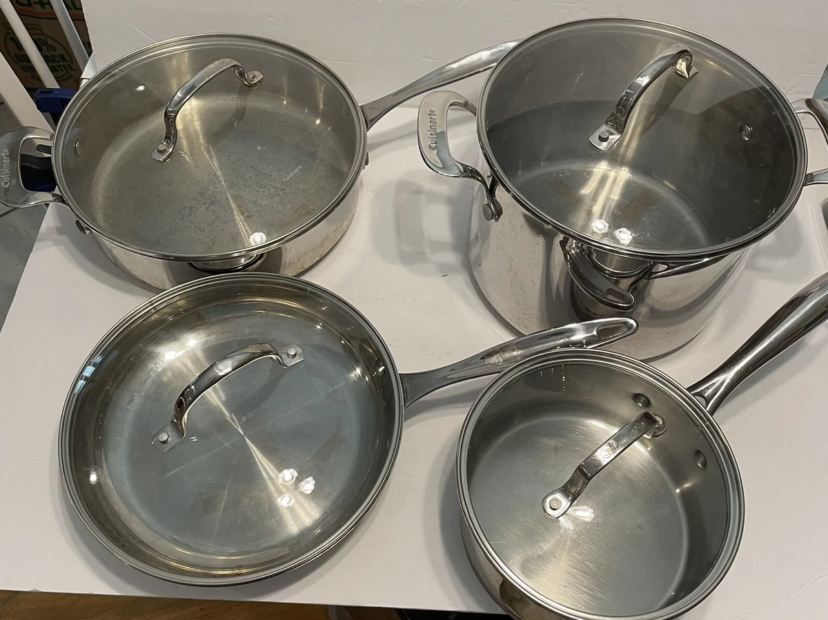 8 pcs Cuisinart Stainless Steel Pots and Pans Glass Lids Stock Pot Sauté  Skillet