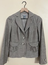 Ann Taylor Virgin Wool Stretch Brown Plaid Pocket Tweed Jacket Sz 2P