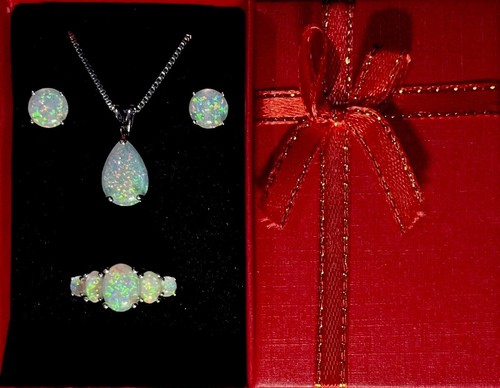 Dazzling White Fire Opal Teardrop Necklace, Stud Earrings, 5-Stone Ring Sz 8 Set