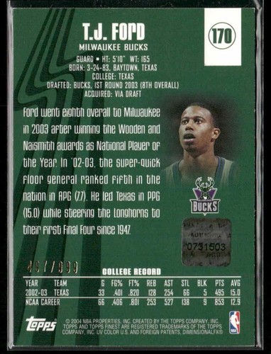 2003-04 Finest #170 T.J. Ford #/999 - 第 2/2 張圖片