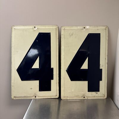 2x Vintage GAS STATION Sign Numbers 4 Blue & White Embossed Metal 20'' x 12.75''