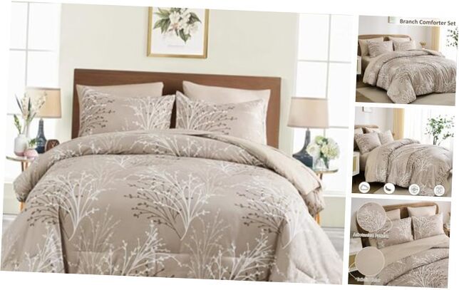 Comforter Set Size, Branch Botanical Bed in a Beg 7 Pieces Cream Queen Beige-image