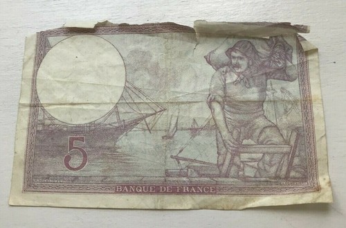 1940 France 5 Francs / World Banknote Currency - Picture 2 of 2