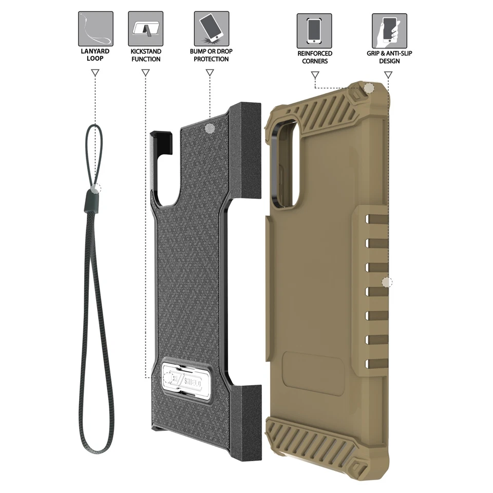 Funda con soporte resistente Tri Shield + vidrio templado para teléfono Galaxy A13 5G negra Foto 3 de 4