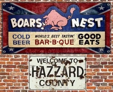 2 DUKES OF HAZZARD COUNTY BOAR'S NEST sign banners General Lee vintage style ART