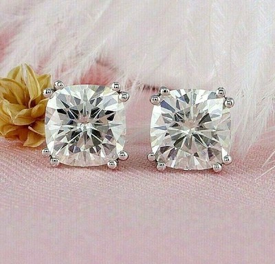 4.00 Ct Certified Cushion Cut Studs White Natural Diamond VVS1 White Gold Finish