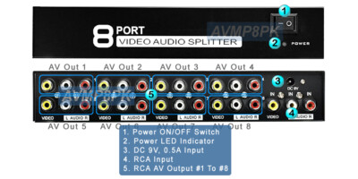 1 to 8 Composite RCA AV Video Audio Splitter Distribution