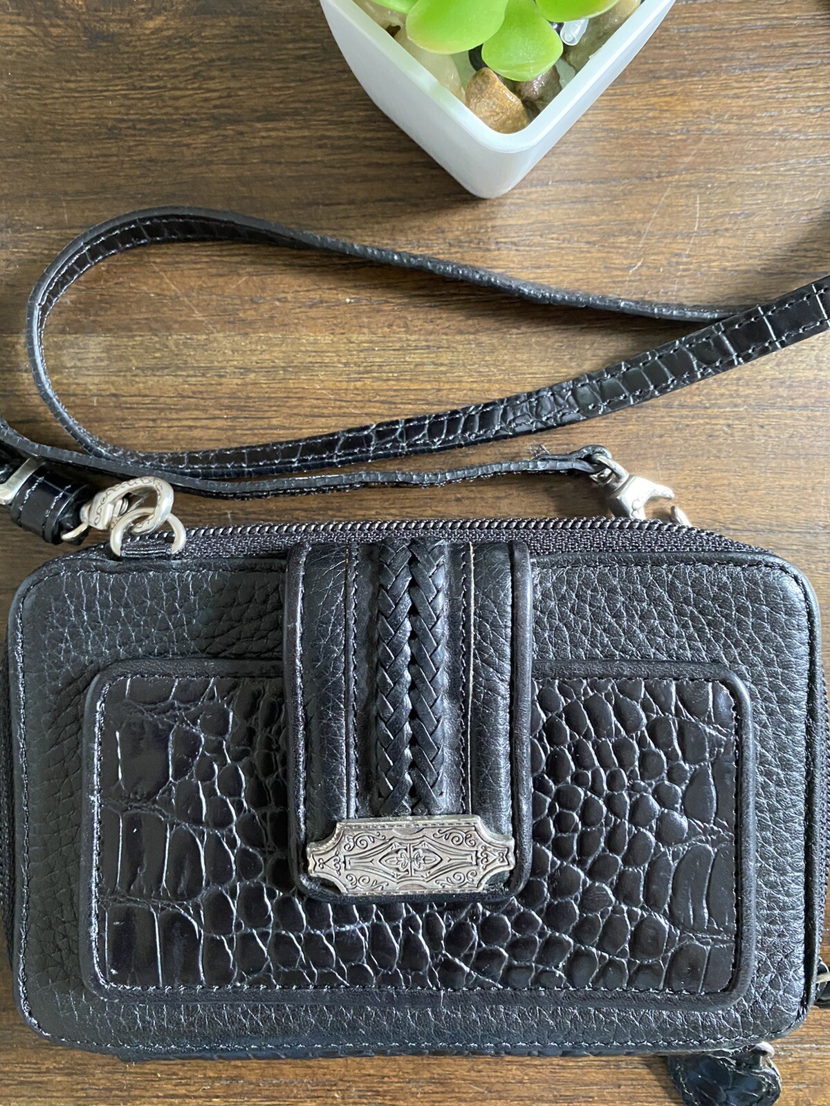 Vintage Brighton Crossbody Organizer Purse Wallet Black Leather Croc