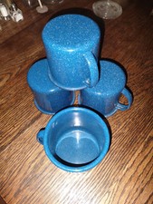 Vintage Set of Four 4 Blue Speckled Enamel Ware Camping Coffee or Cocoa Cups Mug