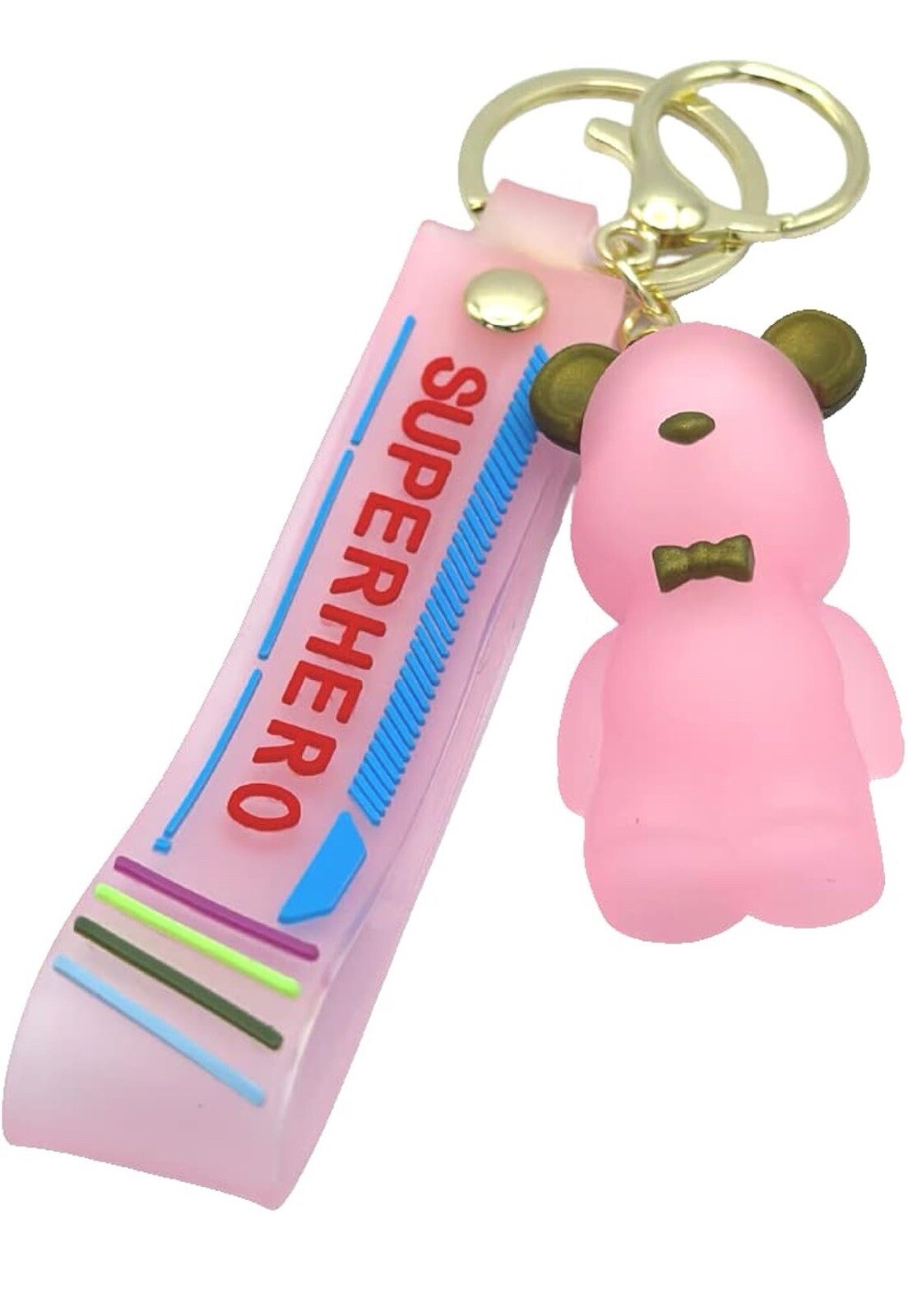 Pink Frosted Acrylic Bear Keychain with Bowknot Wrist Strap