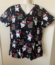 Frosty The Snowman Snowflake Christmas Print V Neck Women s Scrub Top Size M