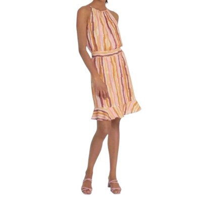 Donna Morgan Pink Retro Halter Neck Striped Print Smocked Waist Dress Size 6