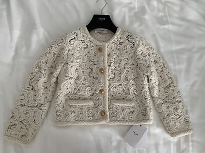 Celine Chasseur Knit Jacket Strick Jacke Creme Gold FR 34 XS