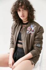 New Women's Glamorous Khaki Power Patch Bomber Jacket Size Xs