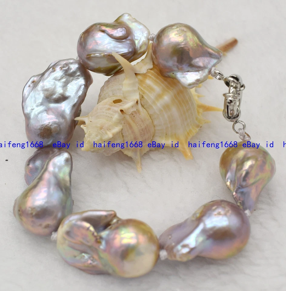 Selten Riesig 15x20mm Natürlich Lila Süßwasser Barock Perle Armband Ohrring 19cm - Bild 4 von 4