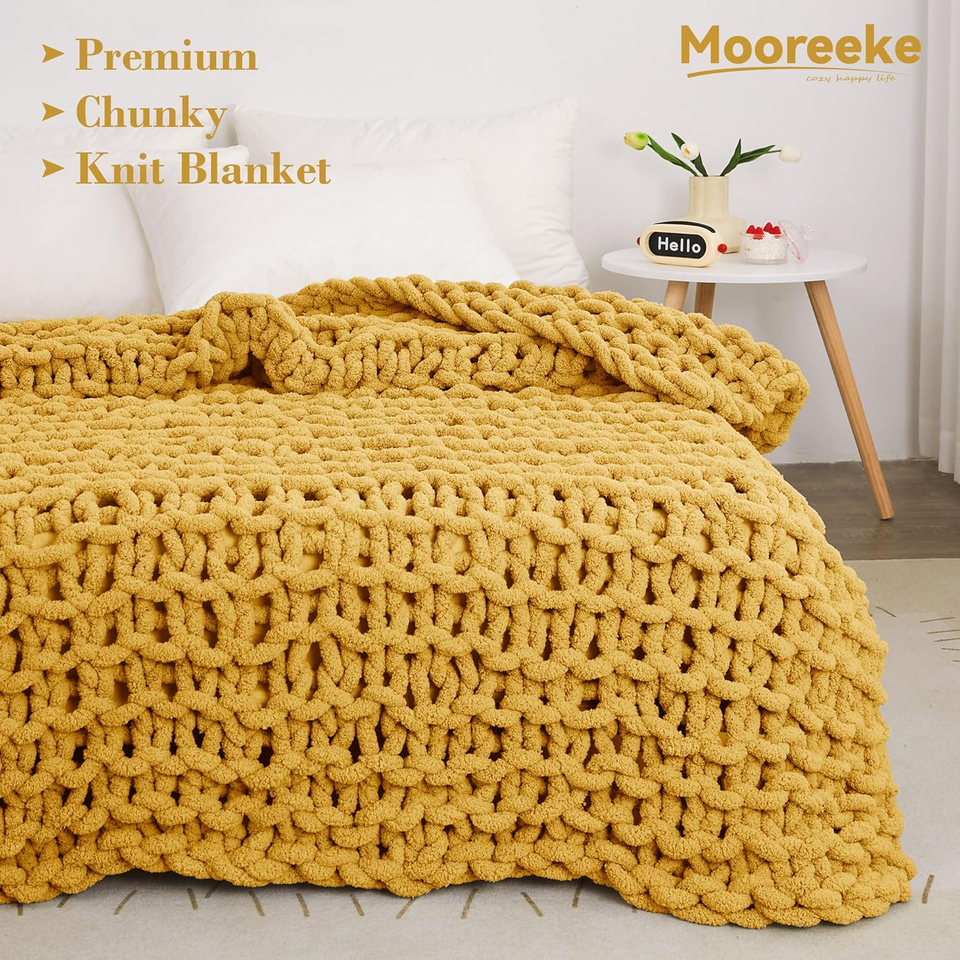 Chunky Knit Blanket 30"X40" Mustard Yellow Soft Washable Chenille Throw