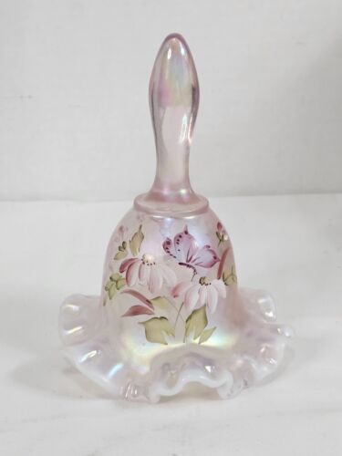 Vintage FENTON Satin Pink Bell with Flowers and  Butterfly Iridescent  - Picture 1 of 6