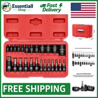 Durable 25-Piece Torx Bit & E-Torx Socket Set - Heat Treated Steel for Longevity