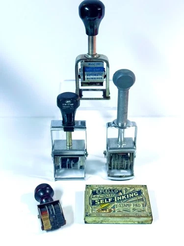 (4) VTG Misc. NUMBER & DATE STAMP MACHINES - PLUS "EXCELLO " ANTIQUE STAMP PAD