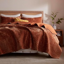 Velvet Quilt Set Full/Queen Size 90''x98'', Lightweight Burnt Orange Velvet