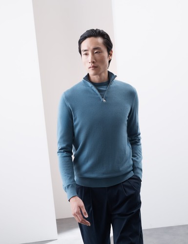 M&S - Autograph Mens Funnel neck Long sleeved Knitted Jumper in Dusty Blue