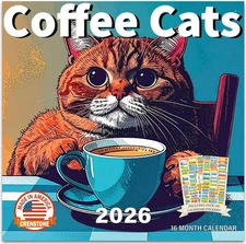 Coffee Cats Calendar 2026 - Deluxe 2026 Funny Cartoon Cats with Coffee Wall Cale