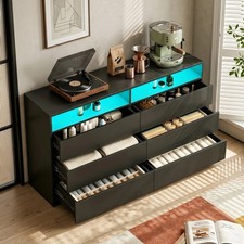 Wide 6-Drawer Dresser with LED Lights and Charging Station, RGB lighting