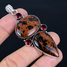 Fascinating Mahogany Obsidian, Garnet 925 Sterling Silver Pendant 2.76"