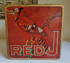 ANTIQUE RED J CHEWING TOBACCO TIN LITHO CAN CARDINAL BLUE JAY BIRD COUNTRY STORE