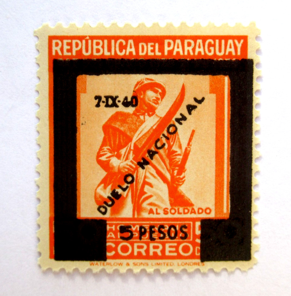 Paraguay Stamps Scott 386 Paraguayan Soldier 5 Pesos Overprint 1940