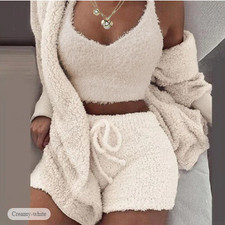 MEDIUM - GENERIC WOMEN'S HOODED PAJAMA SET, 3 PIECE, FLUFFY FLEECE