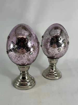 POTTERY BARN ANTIQUED JEWELED 6'' PINK MERCURY EGG WITH PEDESTAL Easter Glass