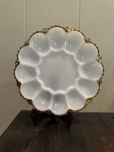 Deviled Egg Vintage Anchor Hocking White Milk Glass Dish Platter Tray Gold Rim