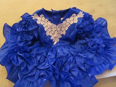 GOLD BELL PAGEANT PARTY FORMAL RUFFLE BLUE WHITE DRESS TODDLER SIZE 2